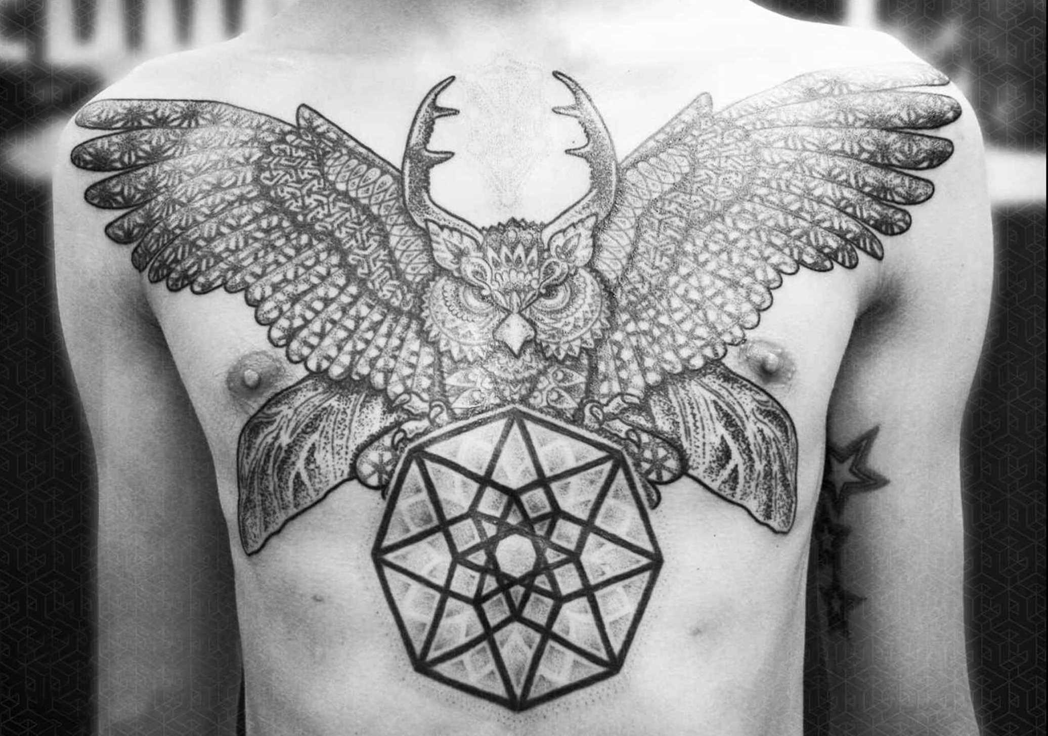 A foto da tatuagem de coruja em um estilo de gráfico na cara no peito