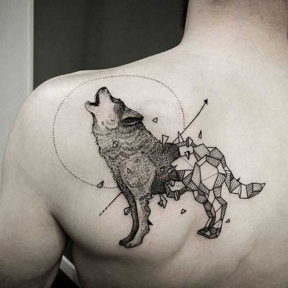 A foto da tatuagem de um lobo no estilo de geometria blade cara