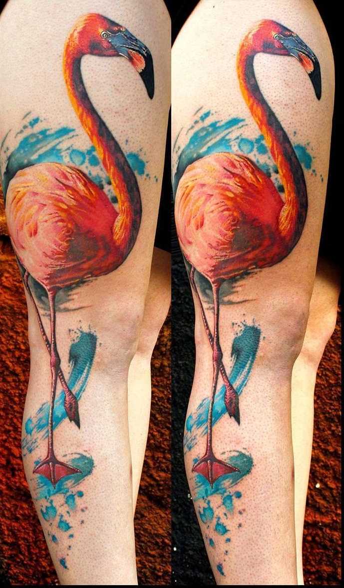A imagem de flamingos na perna da mulher