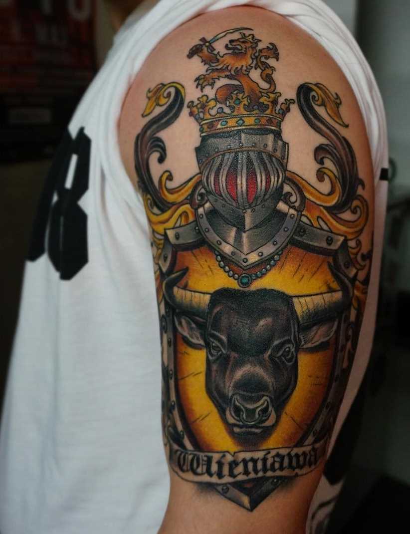 A imagem de um escudo com um touro no ombro do cara