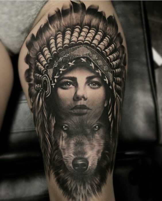 A imagem de uma menina indígena com o lobo no quadril da mulher