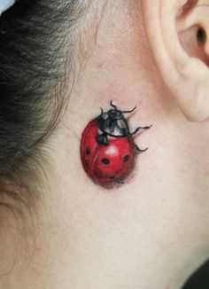 A tatuagem atrás da orelha da menina no estilo 3d - joaninha