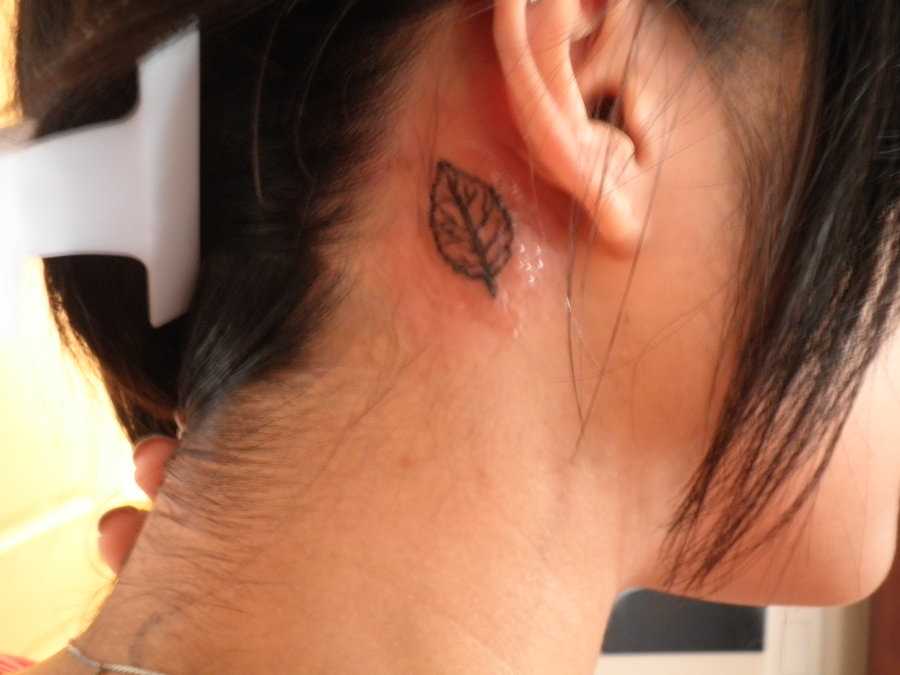 A tatuagem atrás da orelha, no pescoço da menina - pequena folha
