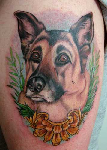 A tatuagem de uma menina no ombro - cão-pastor, no quadro de