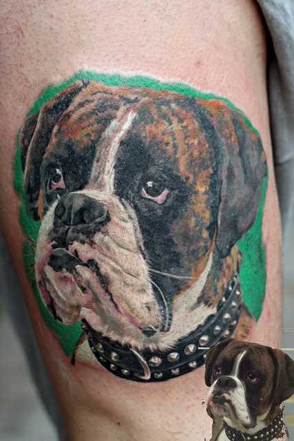 A tatuagem de uma menina no ombro e uma miniatura de - cão