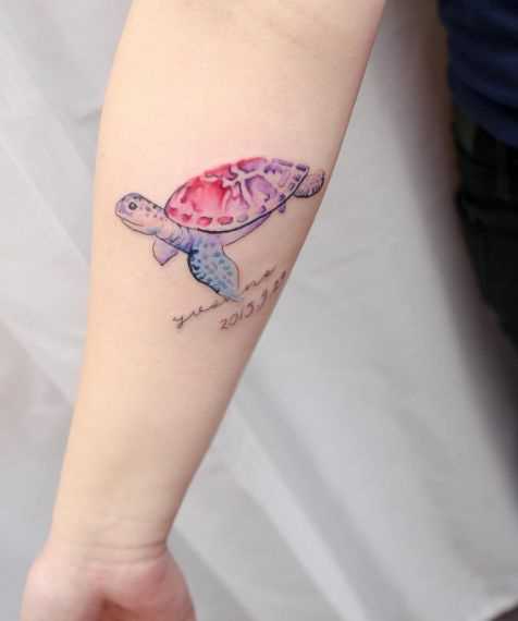 A tatuagem de uma tartaruga, com uma inscrição no antebraço da menina