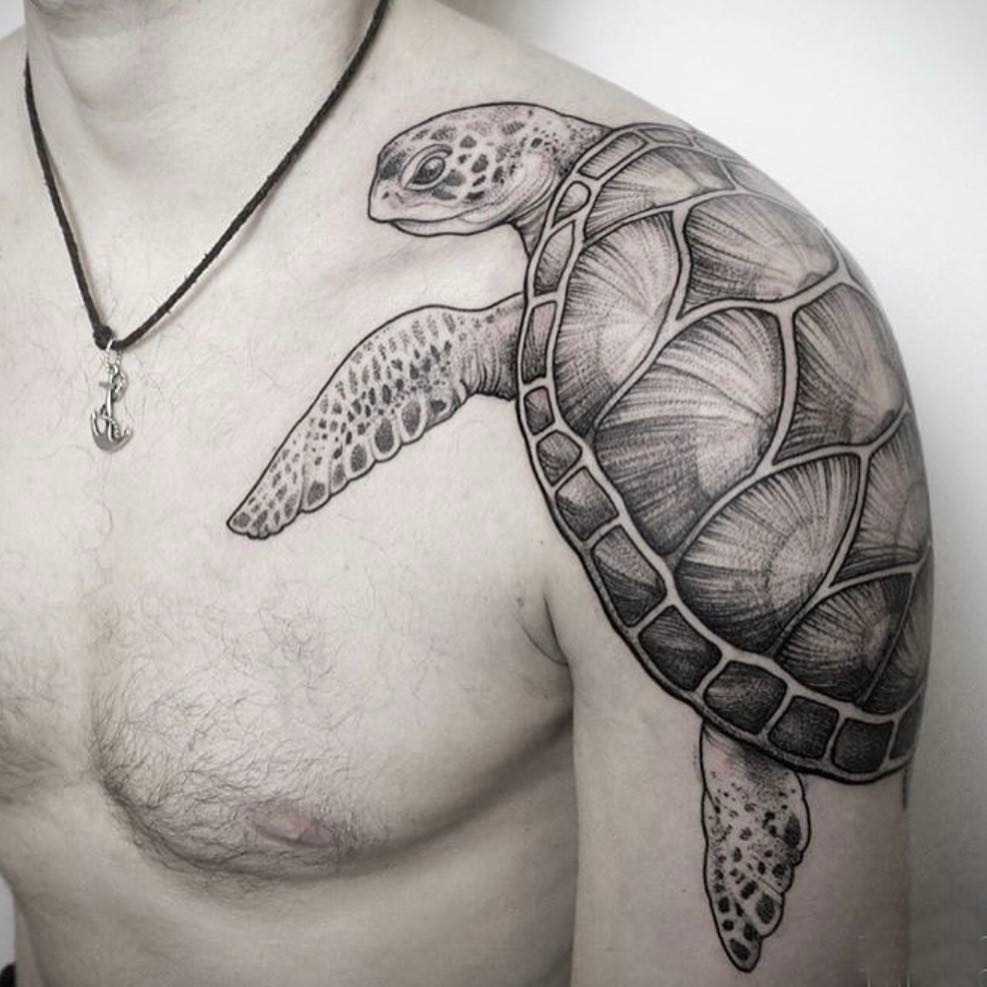 A tatuagem de uma tartaruga no ombro do cara