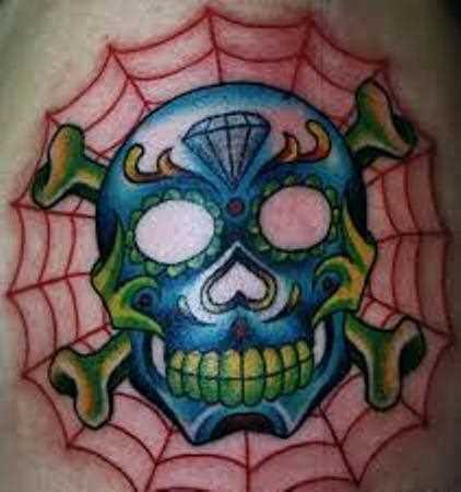 A tatuagem do cara no ombro - a web e o crânio com ossos