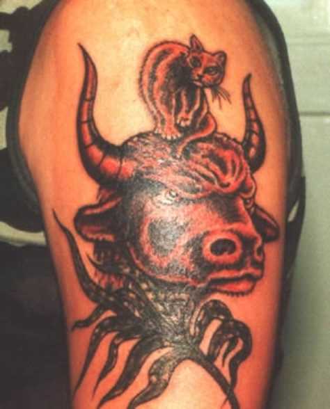 A tatuagem do cara no ombro em forma de um touro com um gato na cabeça
