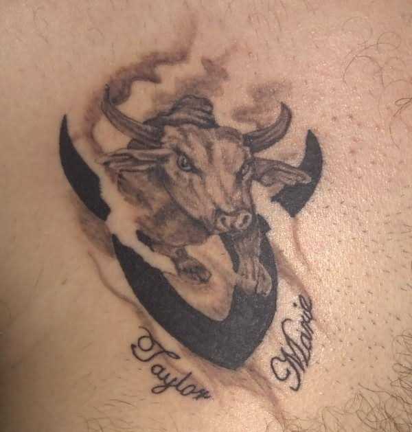 A tatuagem do cara no peito - o touro e a inscrição