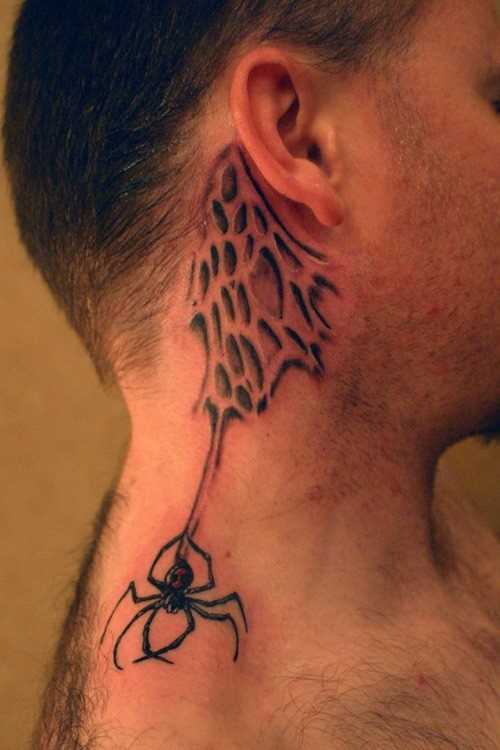 A tatuagem do cara no pescoço - uma teia de aranha e a aranha