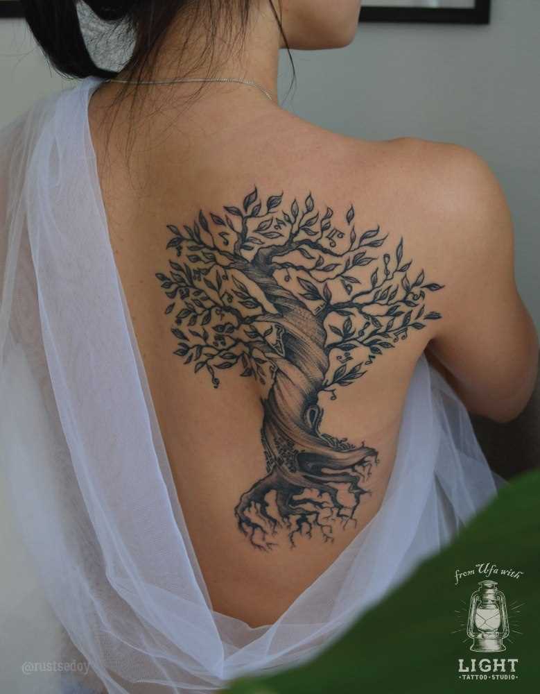 A tatuagem nas costas de uma menina - árvore