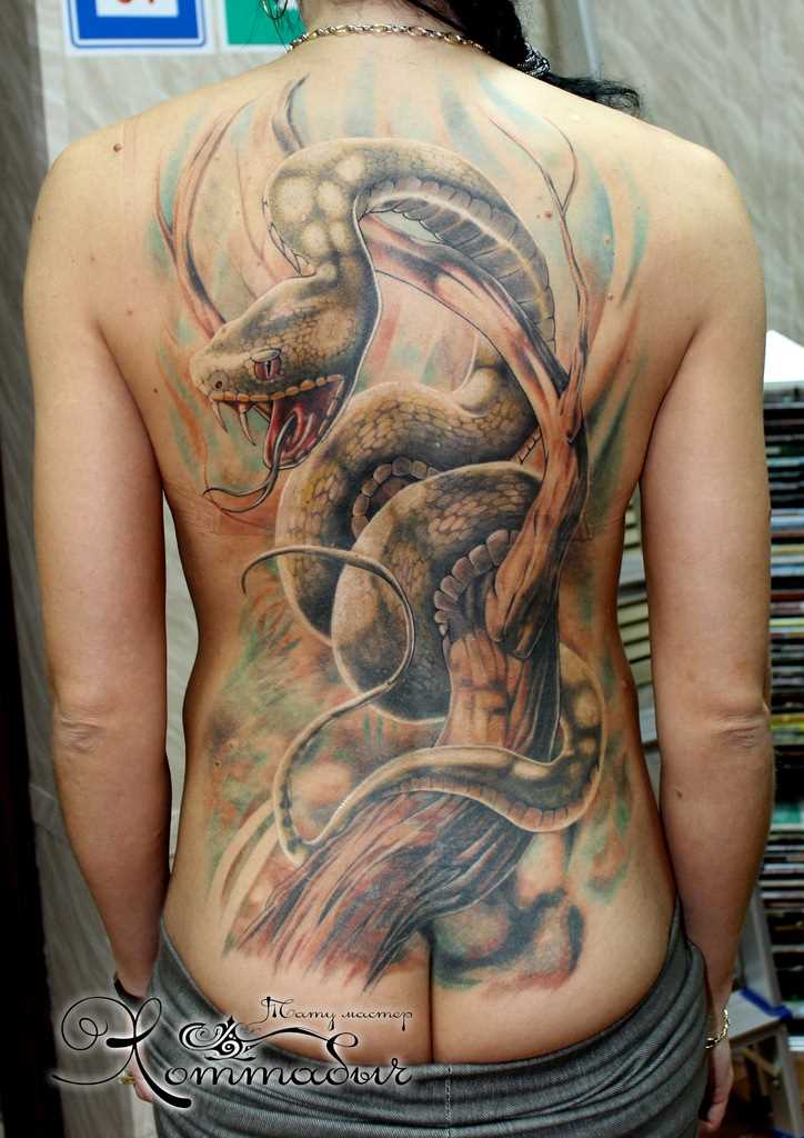 A tatuagem nas costas de uma menina de cobra