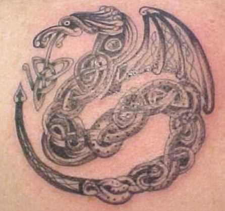 A tatuagem nas costas do cara com a imagem de um dragão em forma de um padrão
