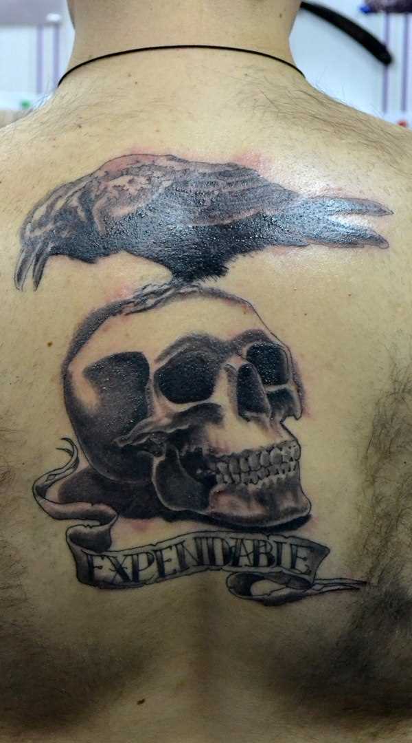 A tatuagem nas costas do cara - o crânio e o corvo