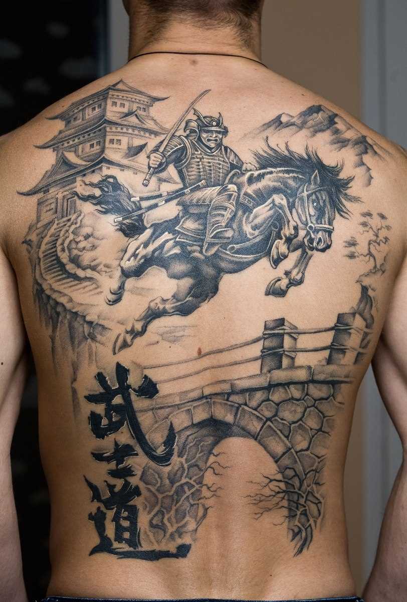 A tatuagem nas costas do cara - samurai em seu cavalo