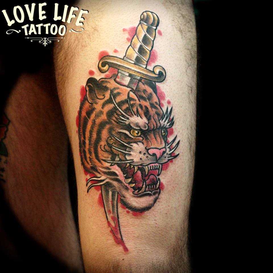A tatuagem no estilo oldschool no quadril, o homem - tigre e o punhal