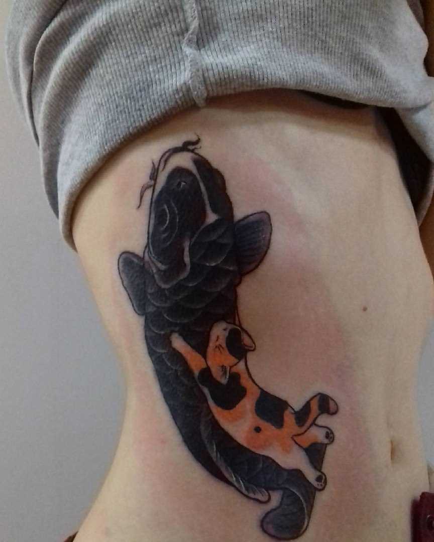 A tatuagem no lado da menina - carpa e um gato