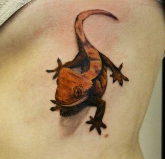 A tatuagem no lado da menina em forma de lagarto
