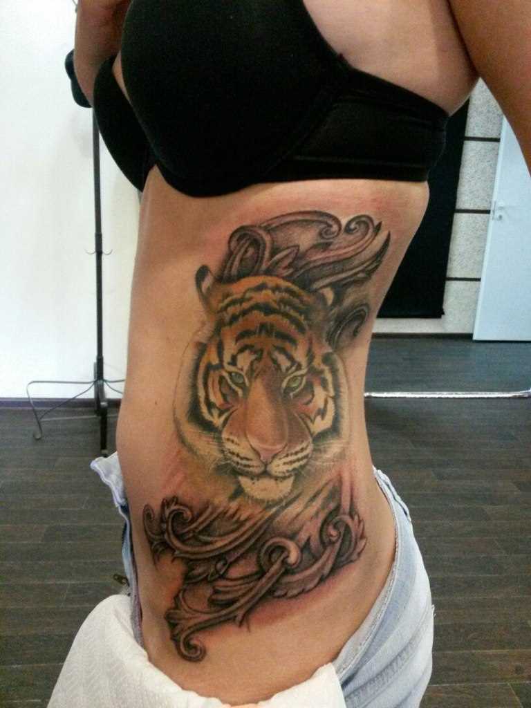 A tatuagem no lado da menina - tigre