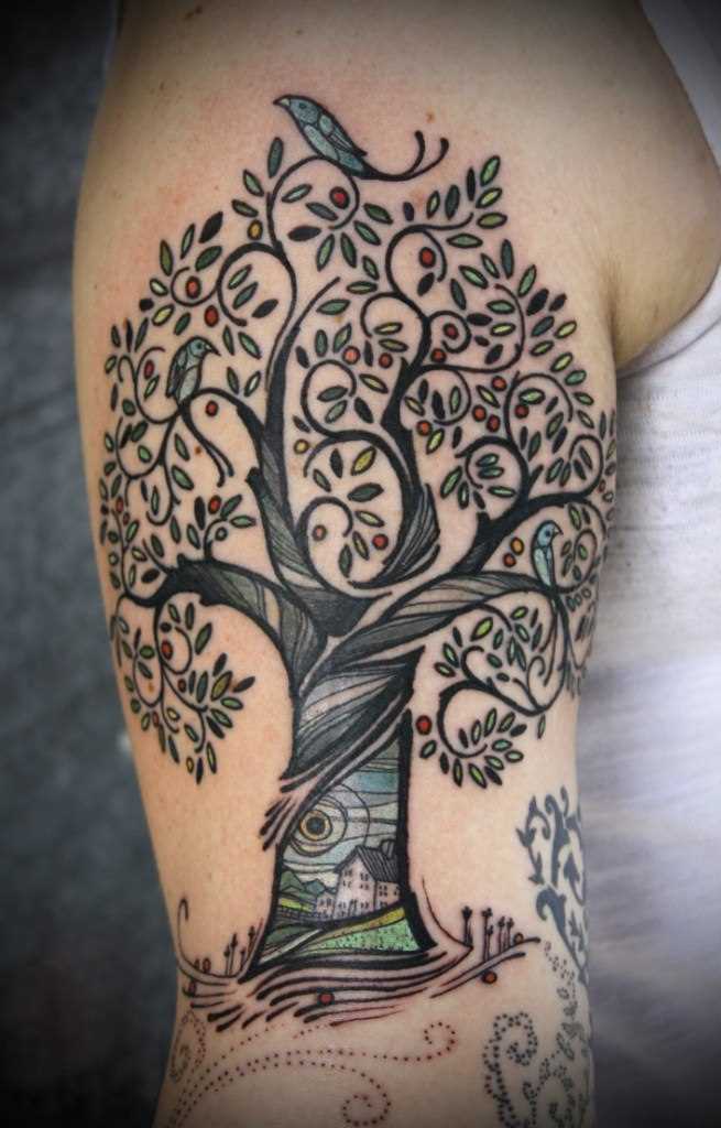 A tatuagem no ombro de um cara - a árvore