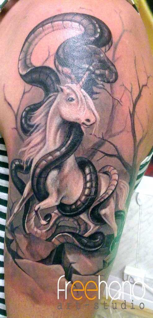 A tatuagem no ombro de um cara - de- cavalo e cobra