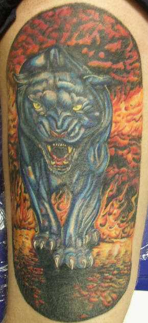 A tatuagem no ombro de um cara - de pantera no fogo