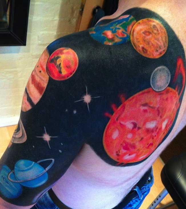 A tatuagem no ombro de um cara - o espaço e o planeta