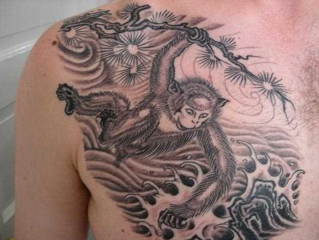 A tatuagem no peito de um cara de macaco no galho