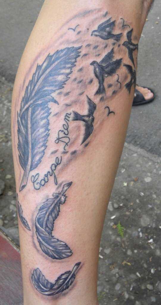A tatuagem tinta preta no estilo 3d sobre a perna da menina - aves e penas