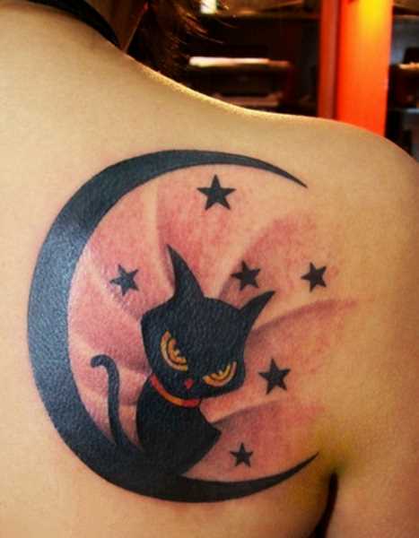 Bela tatuagem blade menina - lua, o gato e as estrelas