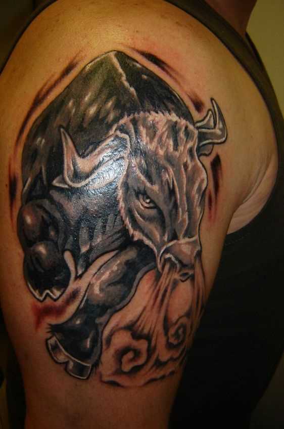 Bela tatuagem do cara no ombro em forma de um touro