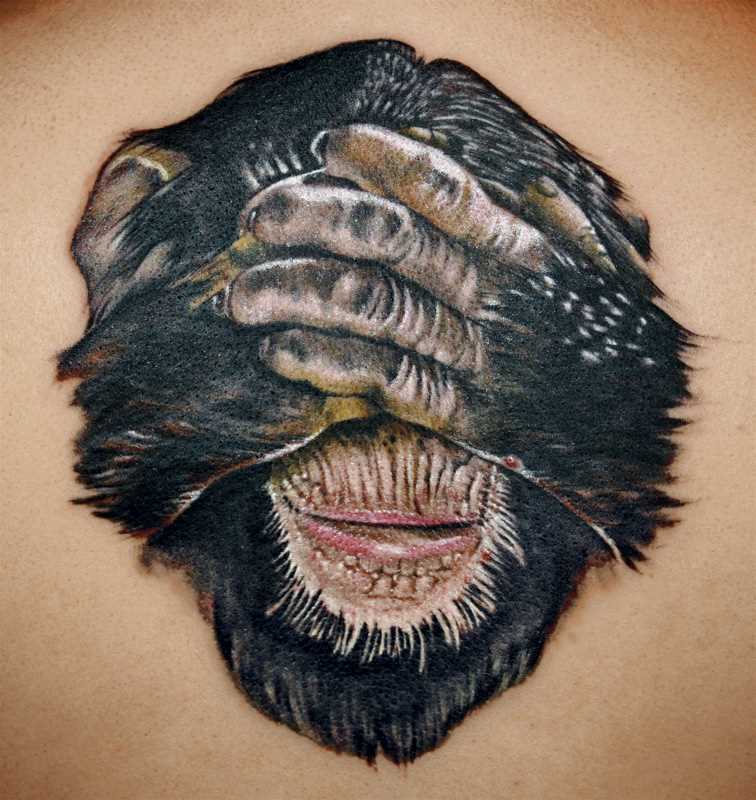 Bela tatuagem na parte de trás da menina - macaco