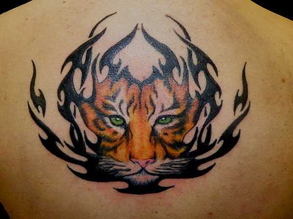 Bela tatuagem na parte de trás da menina - tigre