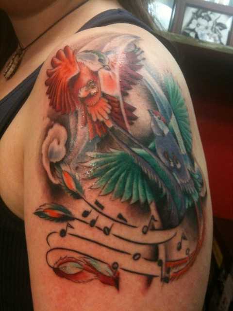Bela tatuagem no ombro da menina notas e aves
