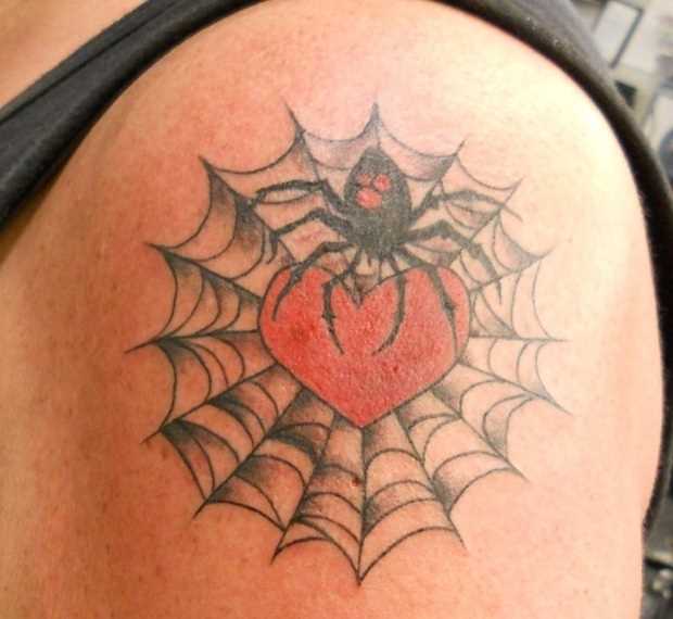 Bela tatuagem no ombro de um cara - de- teia de aranha, a aranha e o coração