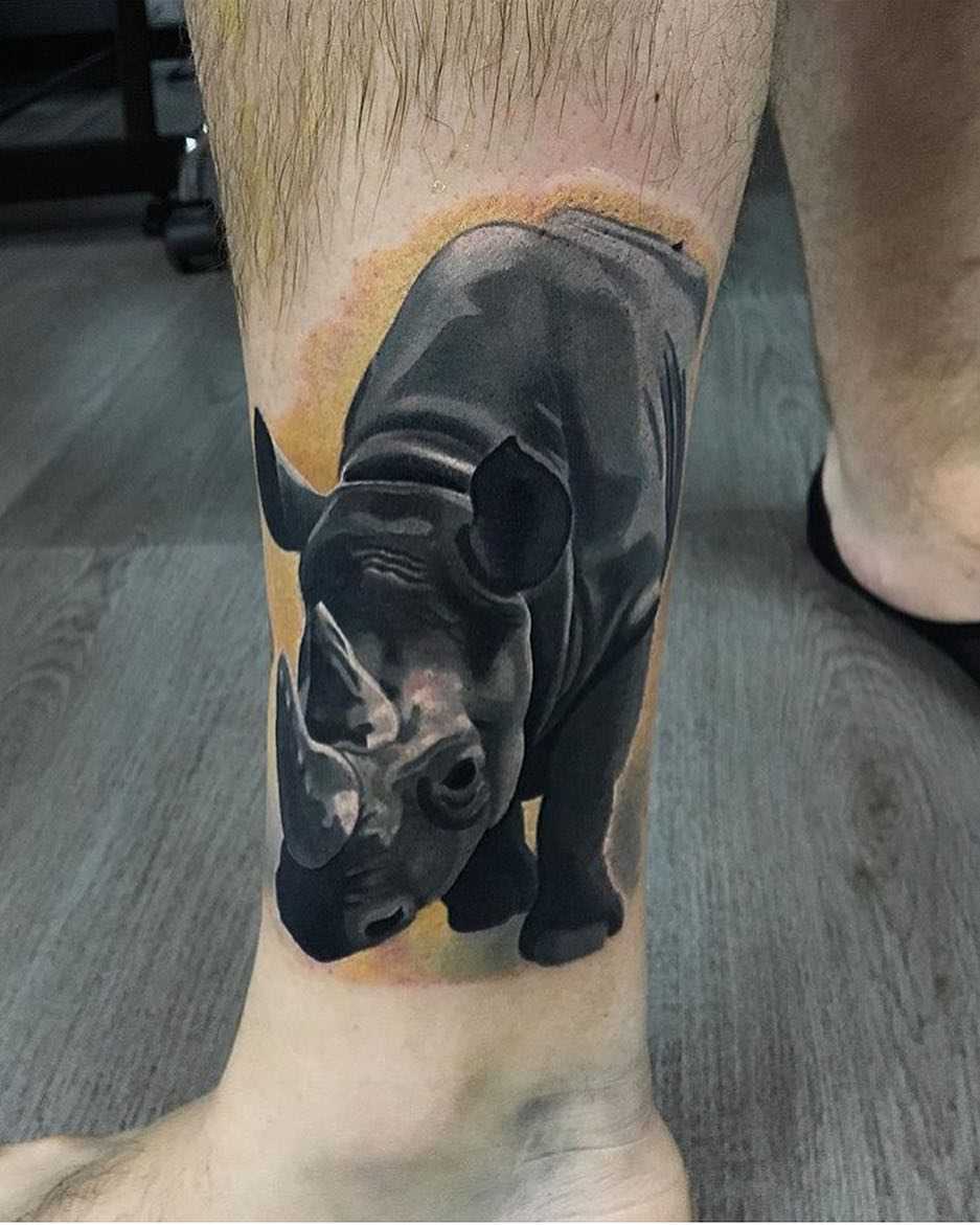 Cores de tatuagem rinoceronte sobre a perna de um cara
