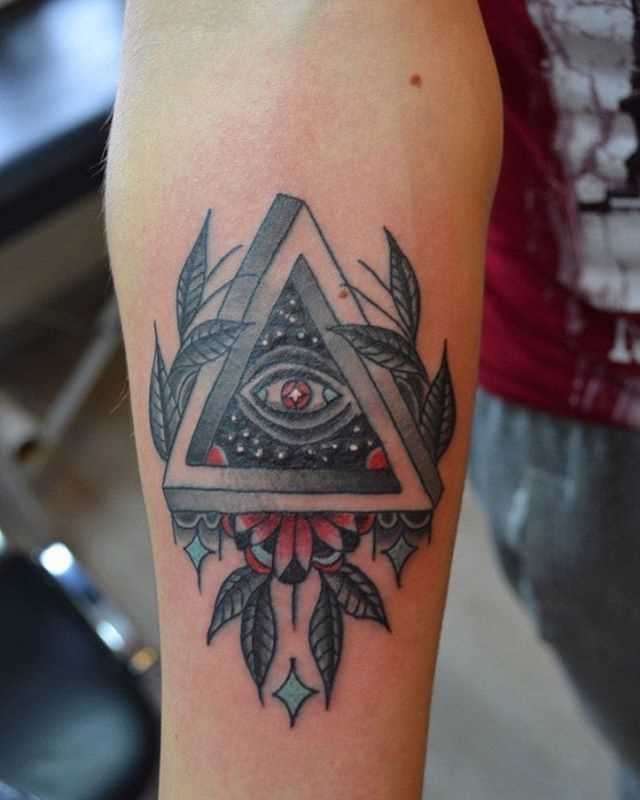 Foto a cores da tatuagem piscar de olhos que tudo vê na mão de um cara