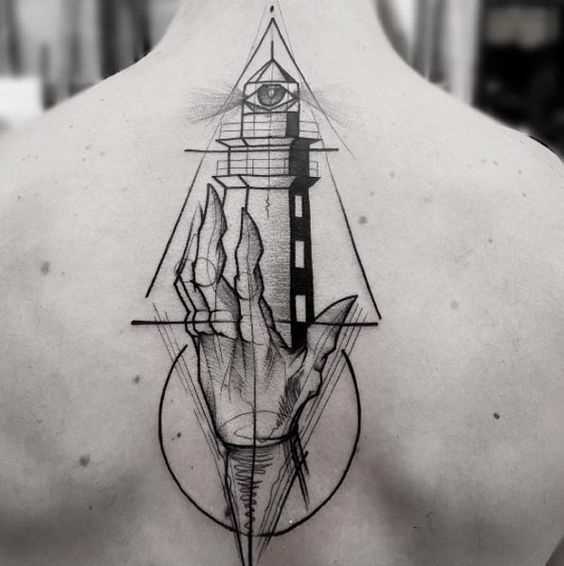 Foto da tatuagem no estilo de geometria da coluna vertebral, o cara