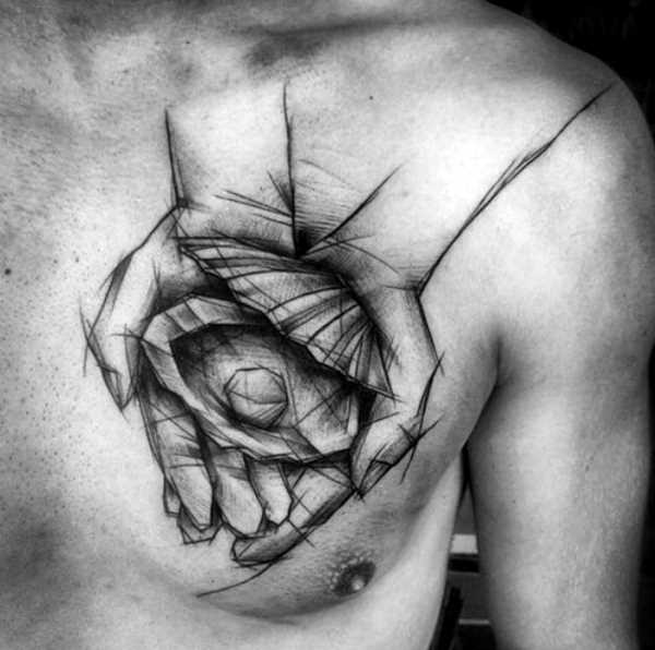 Fotos de tatuagem das mãos com rakushkoi no estilo de gráfico na cara no peito