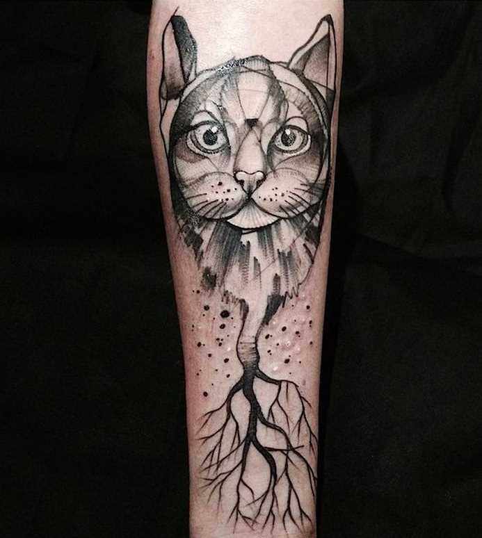 Fotos de tatuagem de gato no estilo do surrealismo no antebraço cara
