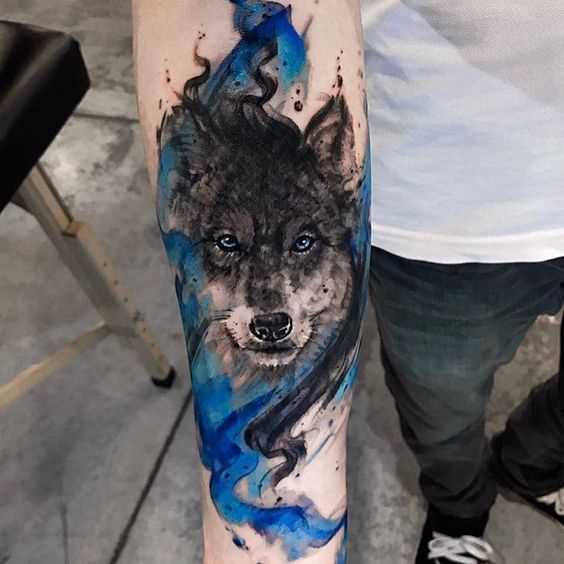 Fotos de tatuagem de lobo no estilo aquarela no antebraço cara