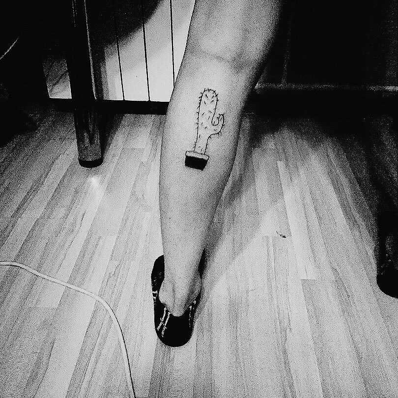 Fotos de tatuagem de um cacto no estilo handpoke sobre a perna de um cara