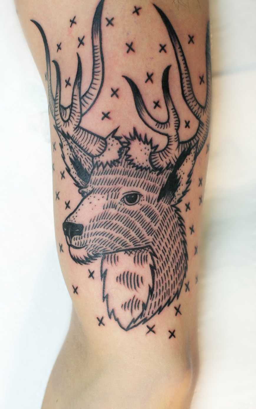 Fotos de tatuagem de um cervo em um estilo de gráfico no quadril cara