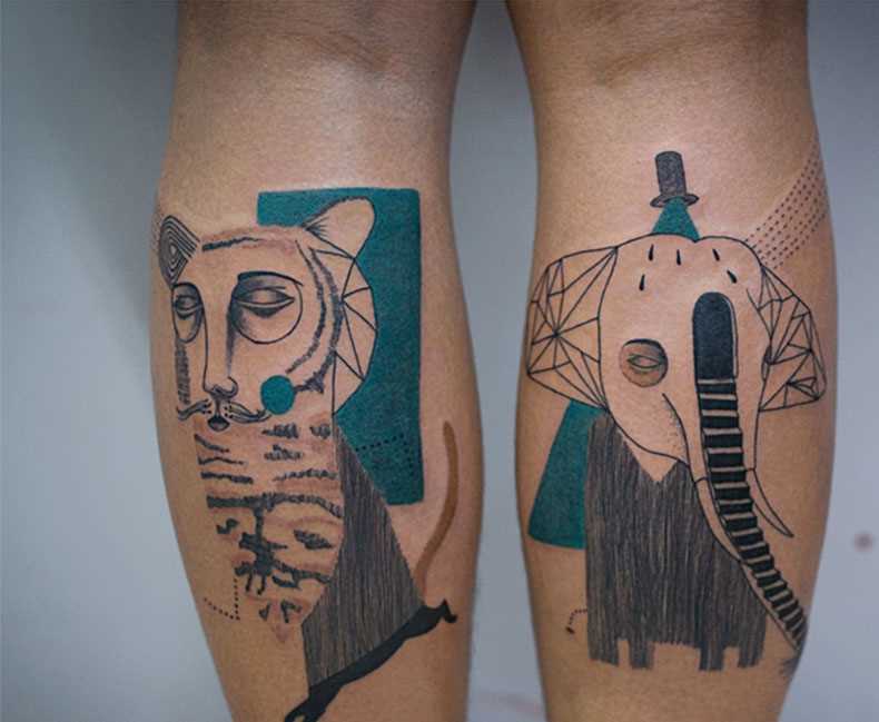 Fotos de tatuagens no estilo do surrealismo sobre a perna de um cara