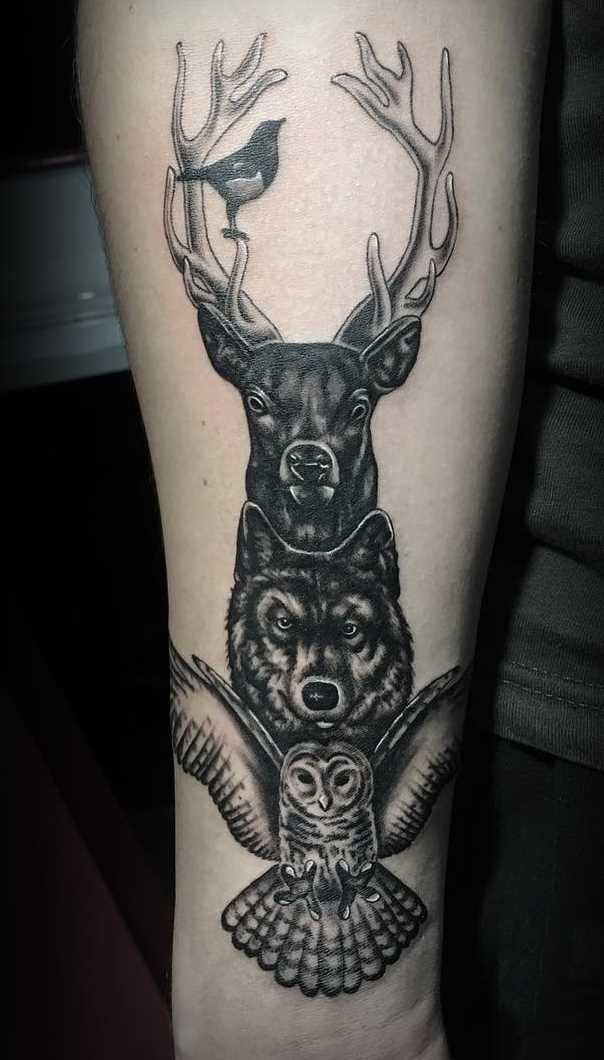 Legal a tatuagem de totem de veado lobo e corujas no antebraço homens