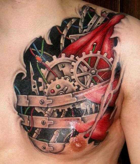 O estilo de biomecânica - tatuagem no peito do cara