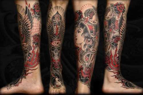 Oldschool tatuagem na perna do cara, a mulher, um punhal e uma cobra