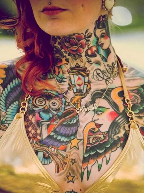 Oldschool tatuagem no peito feminino - a menina e a coruja