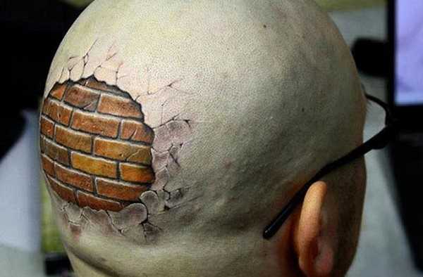 Parede de tijolo em estilo 3d tatuagem na cabeça do cara